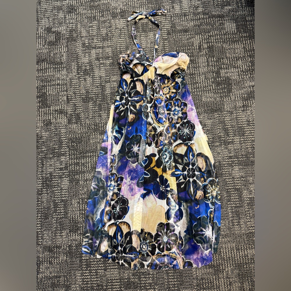Veronica M Purple and Cream Floral Halter Dress